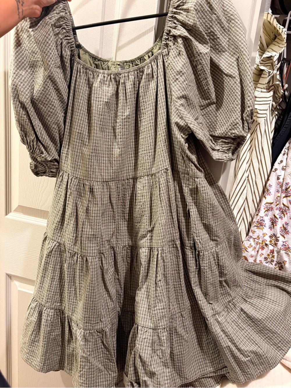 Olive Gingham Tiered Puff-Sleeve Midi Dress